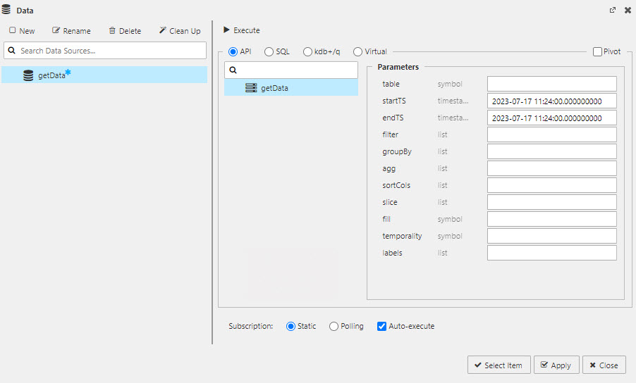 The Data Editor with getData API selected.