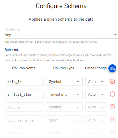 Review the subway schema. **Parse Strings** is set to auto for all fields.