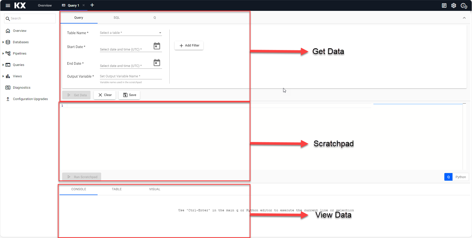 The **Query** tab with Get Data, Scratchpad and Output elements.