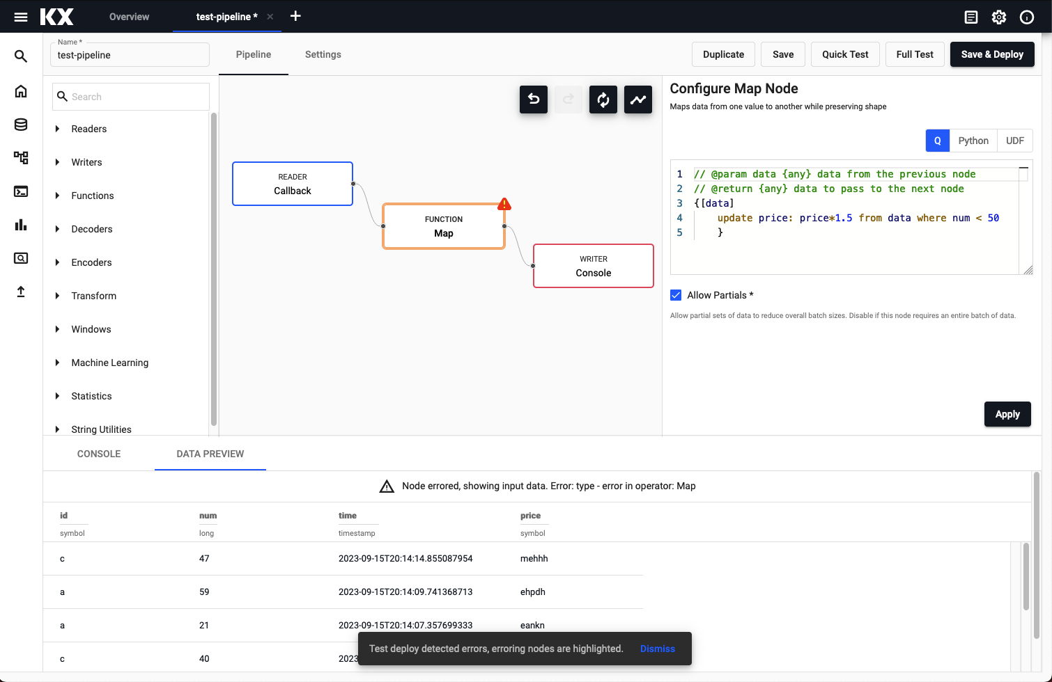 Pipeline deployment dialog with option for a test deploy and a full deploy.