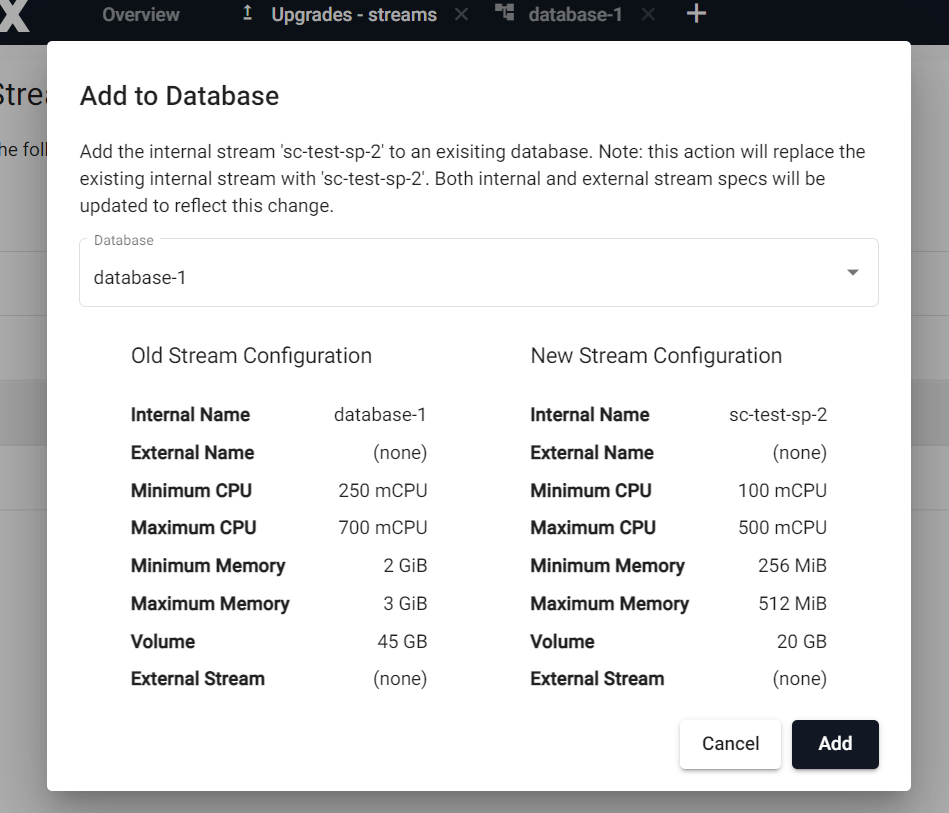 Adding a stream to an existing database