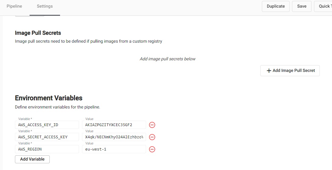 Define the **Environment Variables** to access the machine learning model stored on AWS.