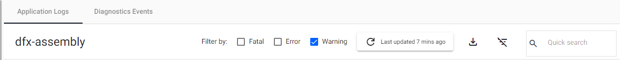 Diagnostics toolbar: refresh, download, filter or search for terms in the events and log files.