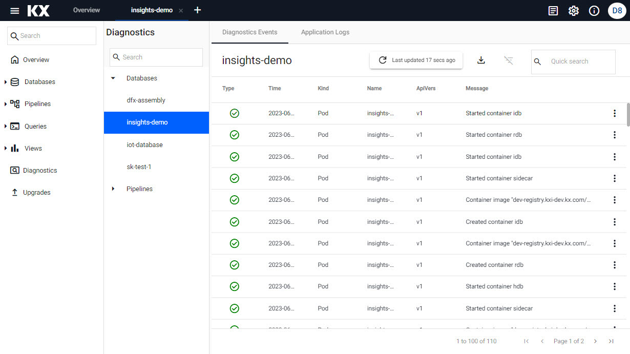 Selecting a pipeline shows the Diagnostic Events and Application Logs for the deployment.