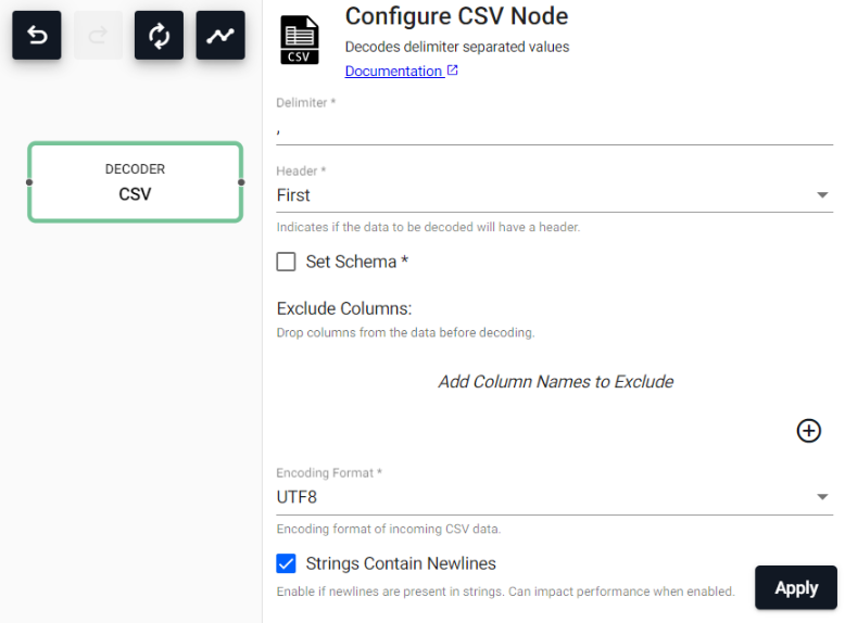 CSV decoder node properties