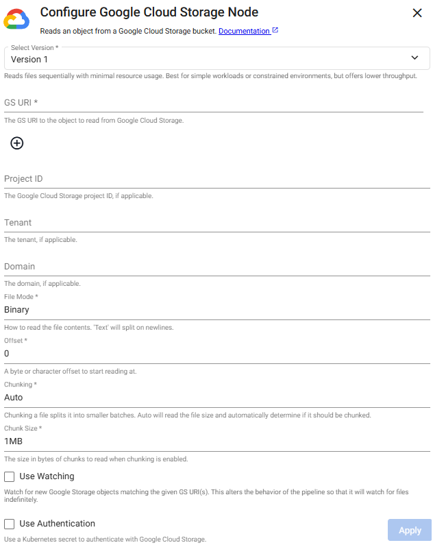 Google Cloud Storage reader properties