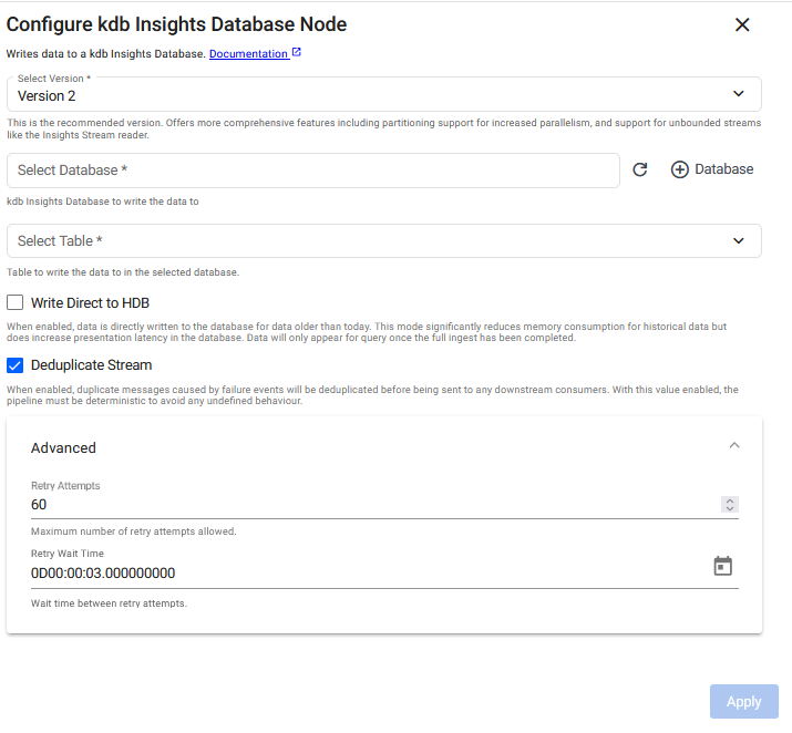 Database writer Version 2 properties