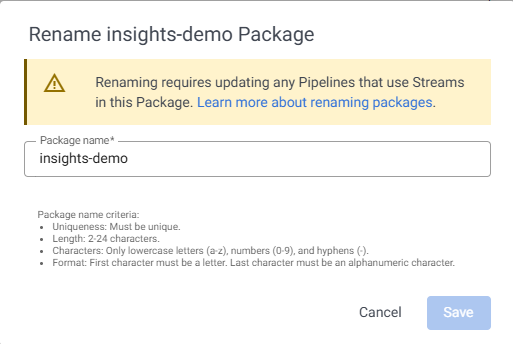 Rename a package dialog