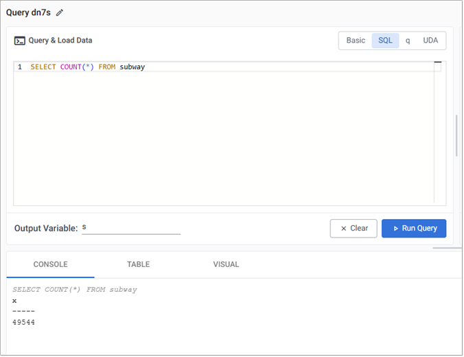 A SQL query reporting a count of events from the Kafka feed.