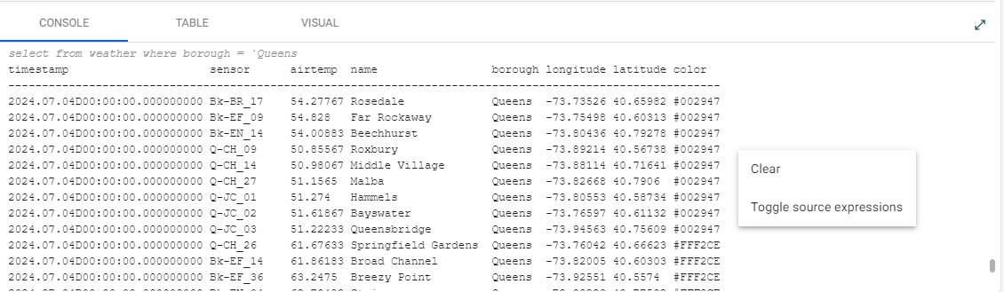 Console controls on right-click include clear and display code in console