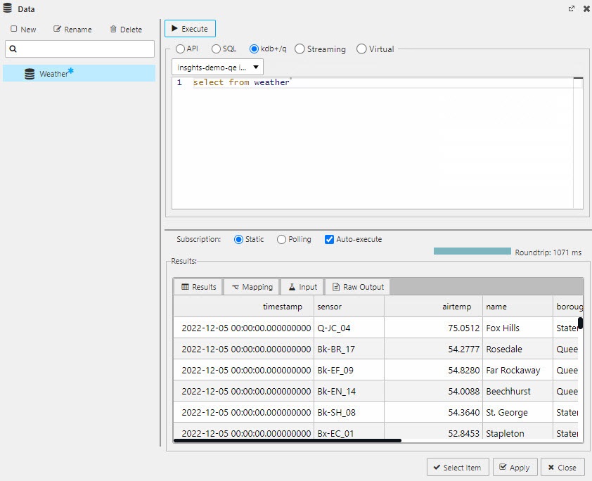 Querying data with the q editor. Use a simple "select from tablename" as a starter.