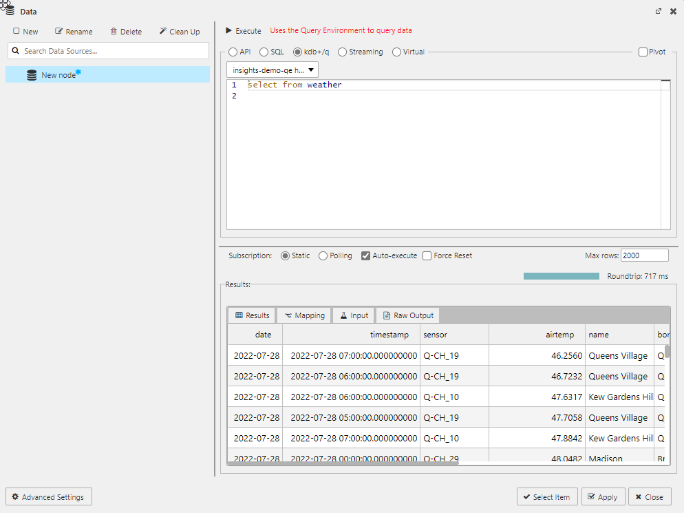 Querying data with the q editor. Use a simple "select from tablename" as a starter.