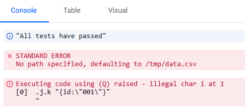 A console showing a STDOUT message, a STDERR message, and runtime error