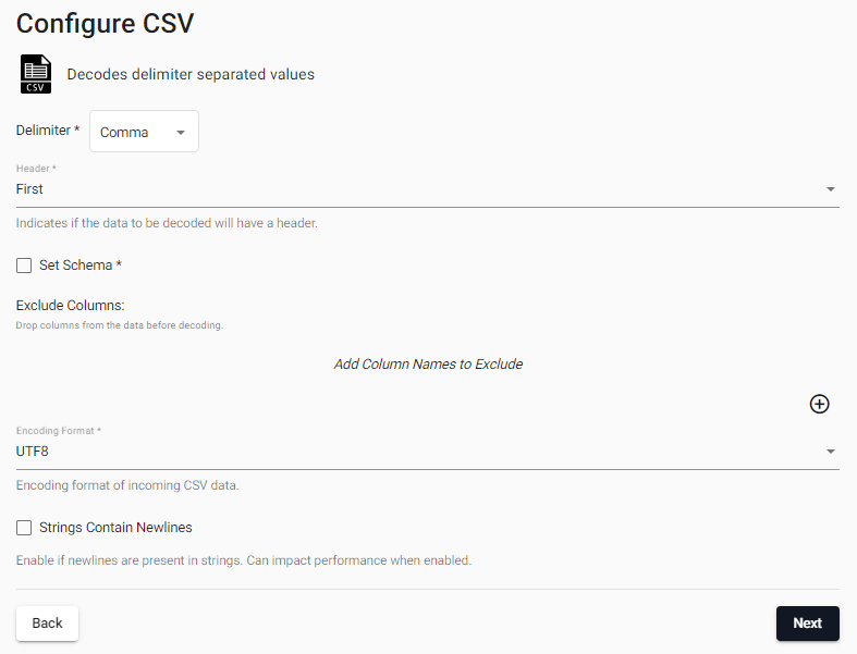 Keep the default CSV decoder settings.