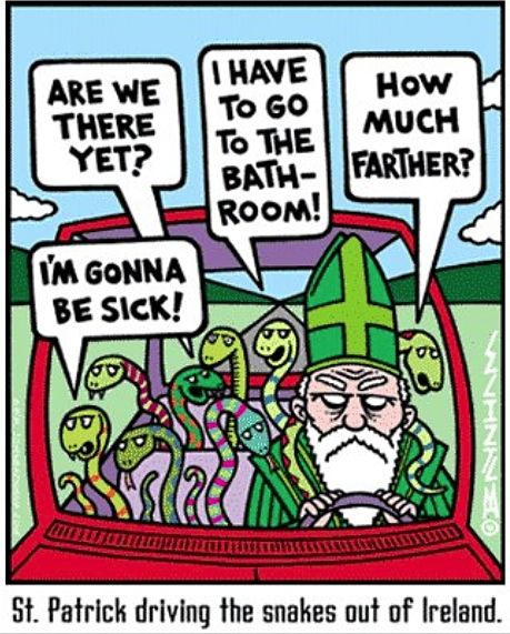 St Patrick driving the snakes out of Ireland