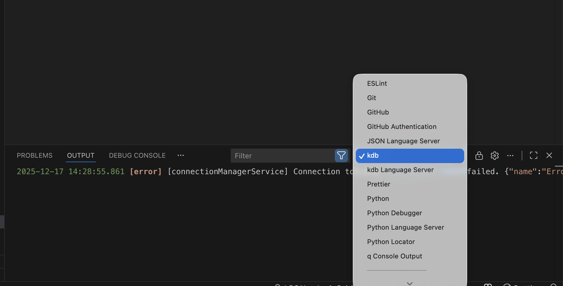 kdb tab in the Output window
