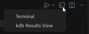Output Destination submenu showing the Terminal and kdb Results View options